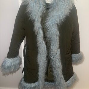 Charlotte Simone Gem! Olive and Light Blue Mongolian Lamb-Trimmed Puffer Coat!